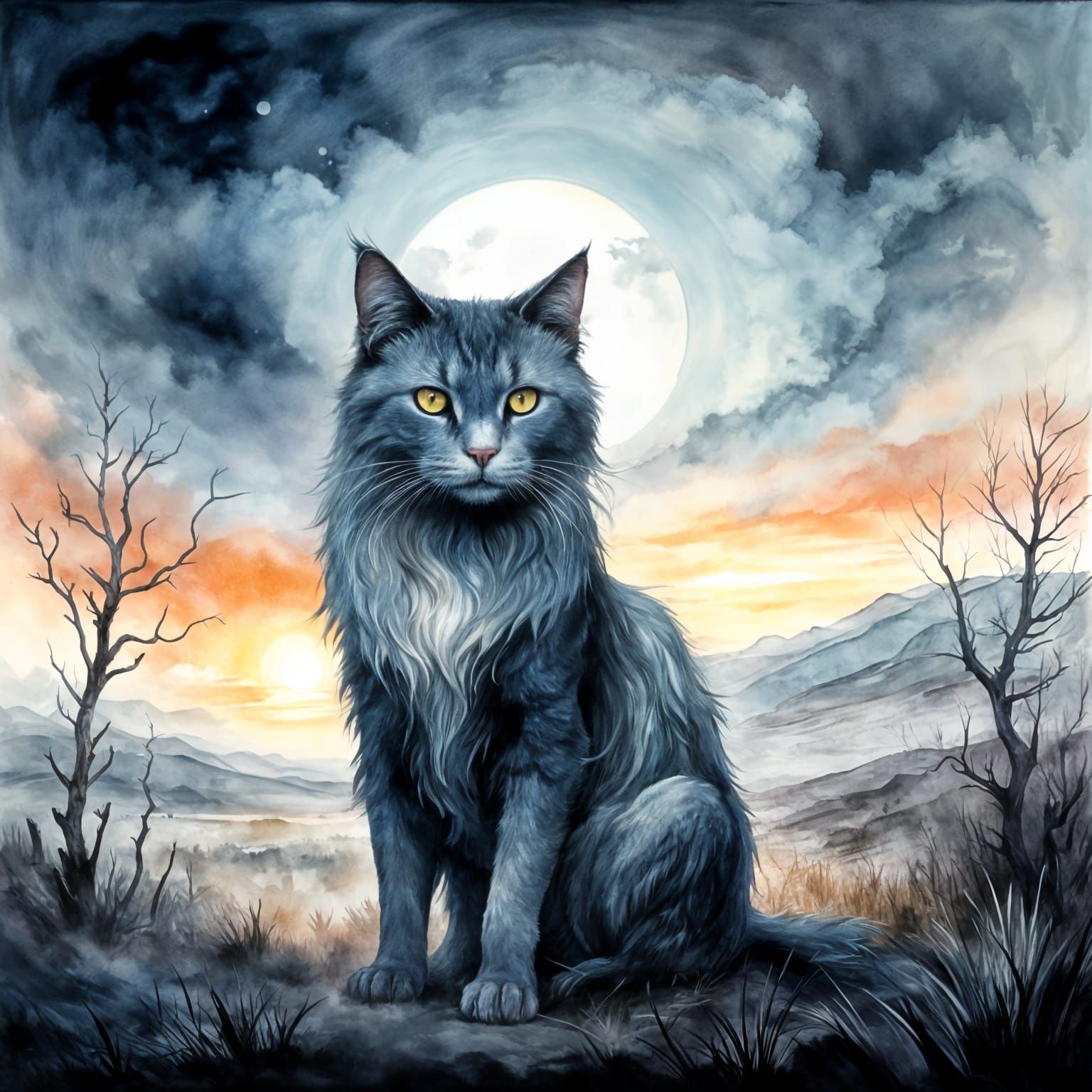 Spectral Cat in Ethereal Moonlight Landscape