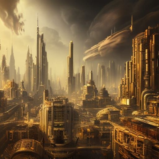 Retrofuturistic City Aerial View: Epic Digital Painting