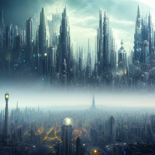 Aerial View of a Retrofuturistic Metropolis