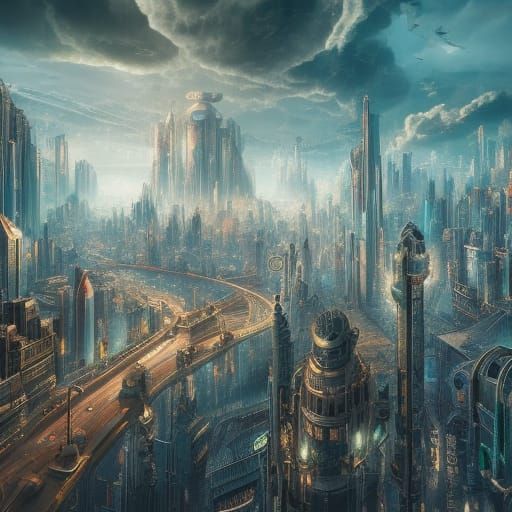 Retrofuturistic City Aerial View: Epic Digital Matte Paintin...
