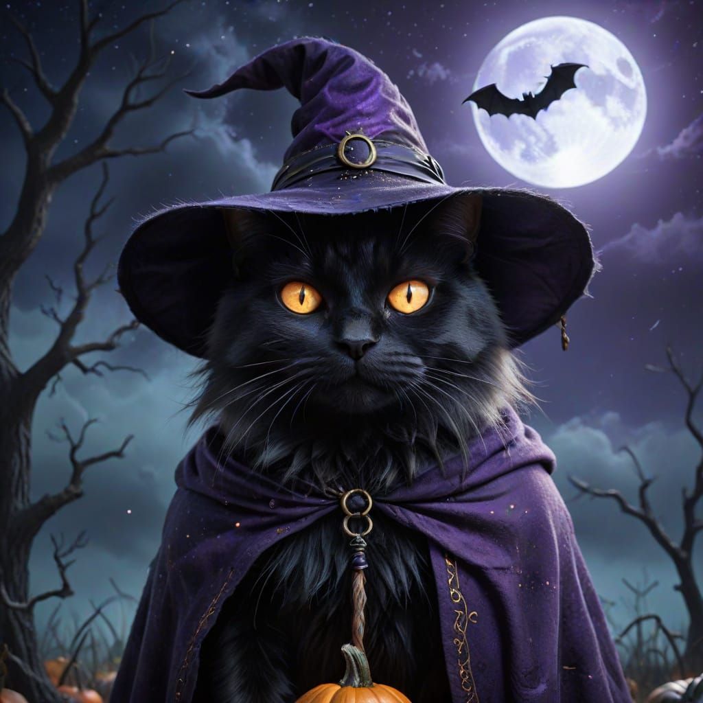 Mischievous Witch Cat Under Full Moon