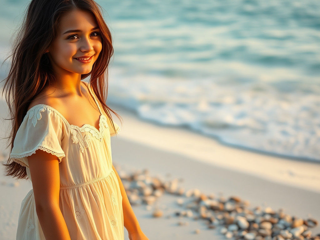 Italian Girl on Mediterranean Beach at Sunset