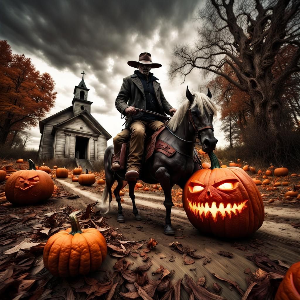 Demonic Horseman Rides Pumpkin Death Horse