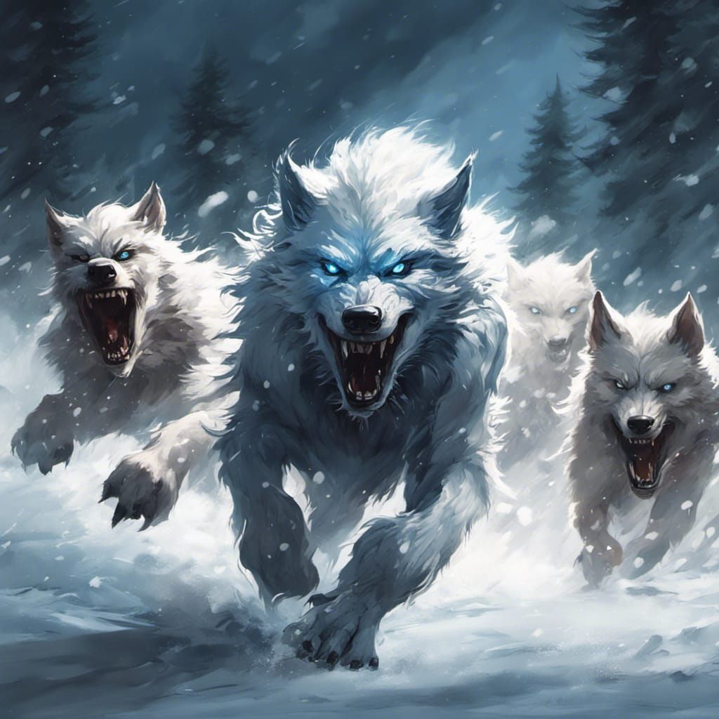 Monstrous White Werewolf Leading Pack Through Snowy Night