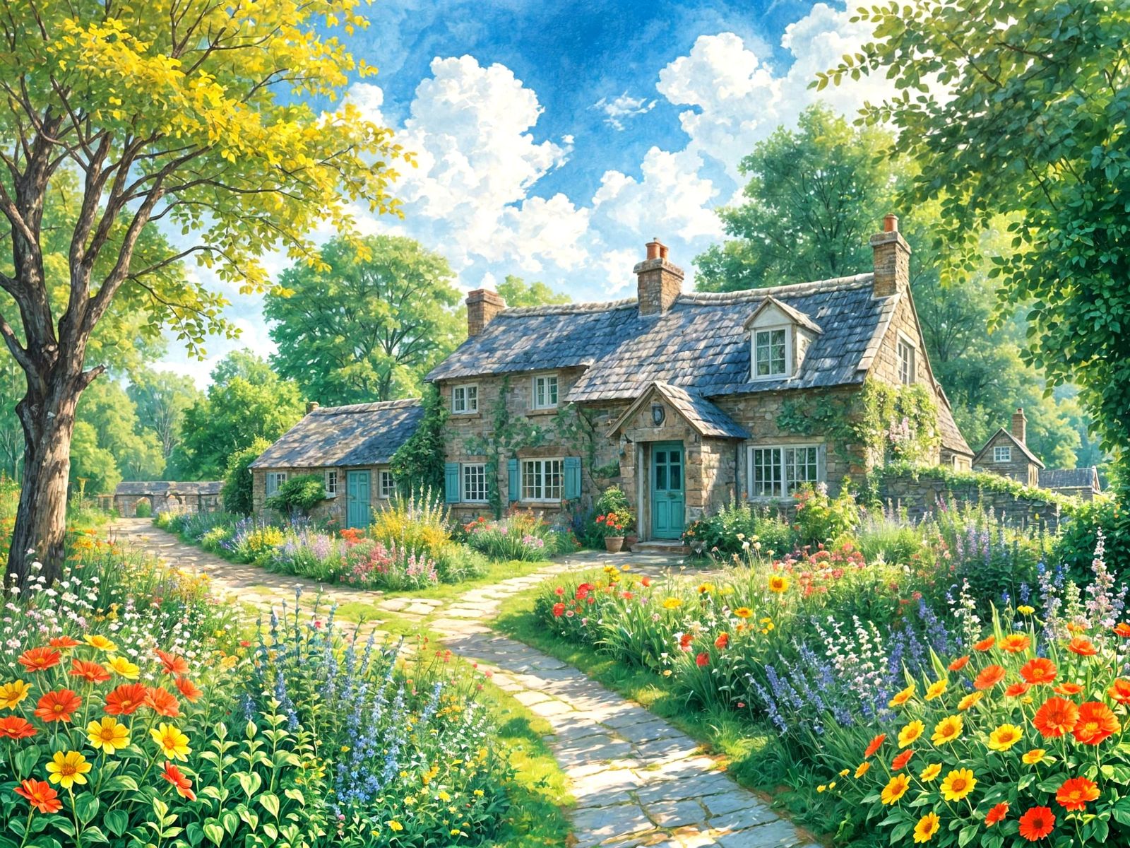 Surreal Watercolour Impressionist Scene of a Serene Cottage ...