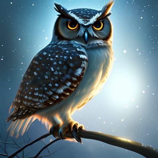 Chibi-Eyed Owl in Starry Night Sky