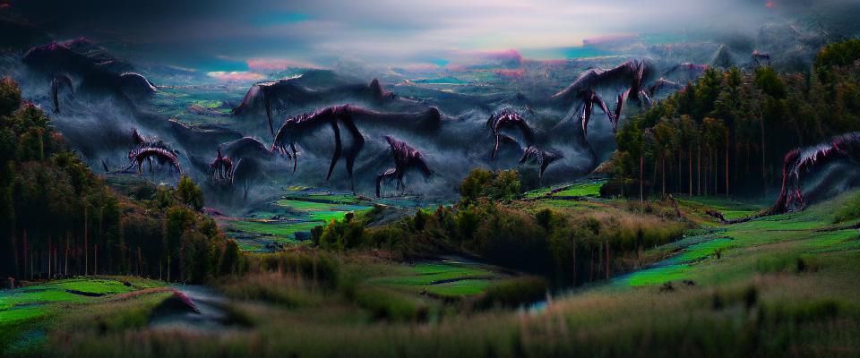 Dark Horror: Monsters Roaming Earth in Matte Painting