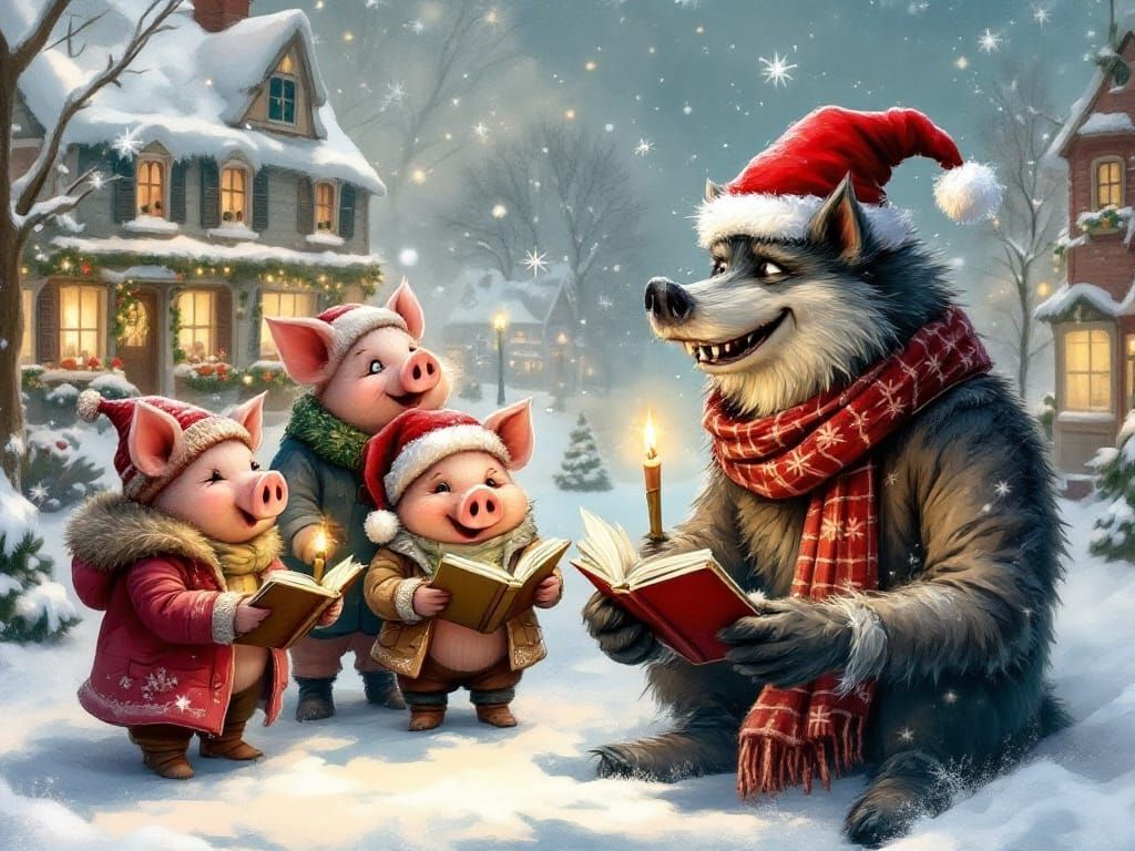 Festive Fairytale Scene: Wolf and Pigs Caroling