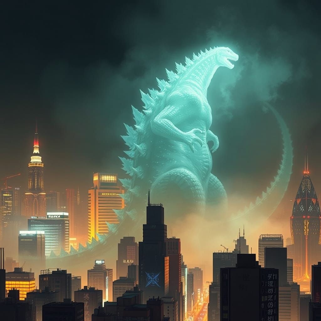 Ghostly Godzilla Emerges Over Tokyo in a Neon Dreamscape