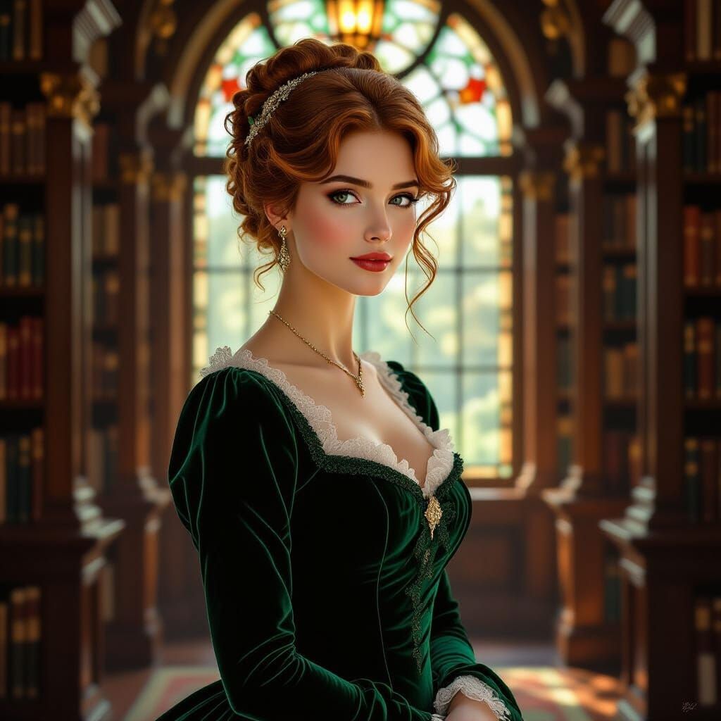 Victorian Woman in Emerald Gown in Grand Library