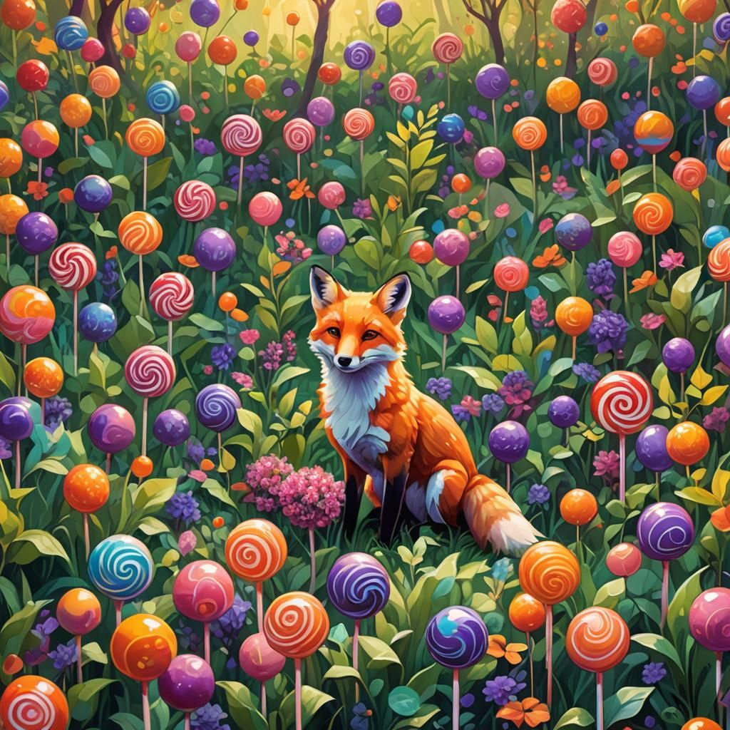 Fox in Lollipop Garden: Vibrant Fantasy Oil Painting