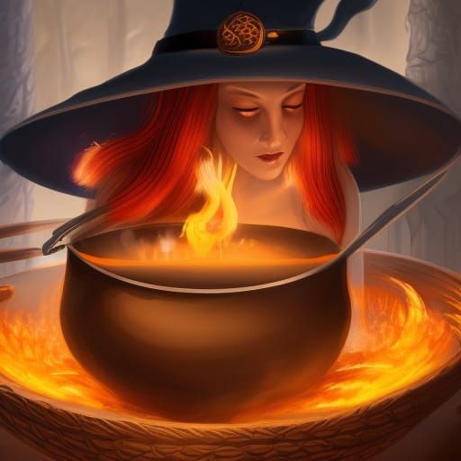 Witch Brews Soup in Cauldron: Fantasy Art
