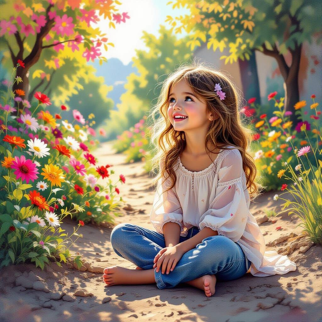 Young Girl Amazed by Blooming Earth in Expressive Charcoal S...
