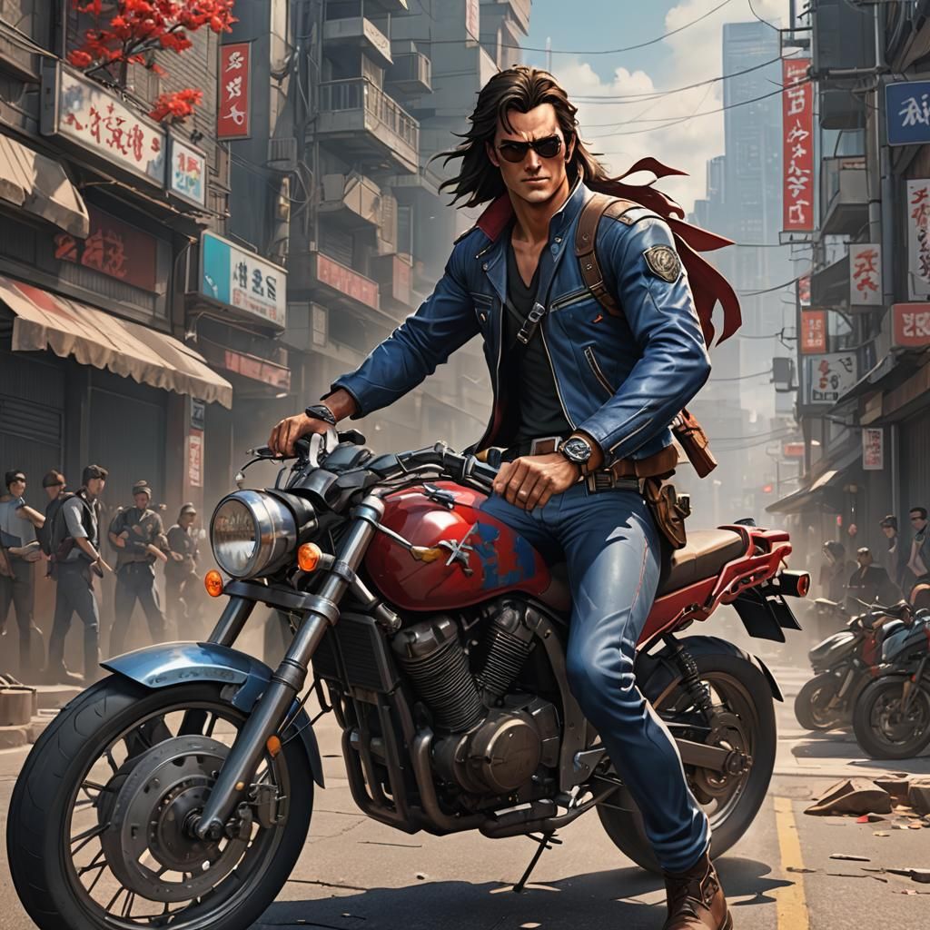 Anime Style Ash Williams Rides Motorcycle