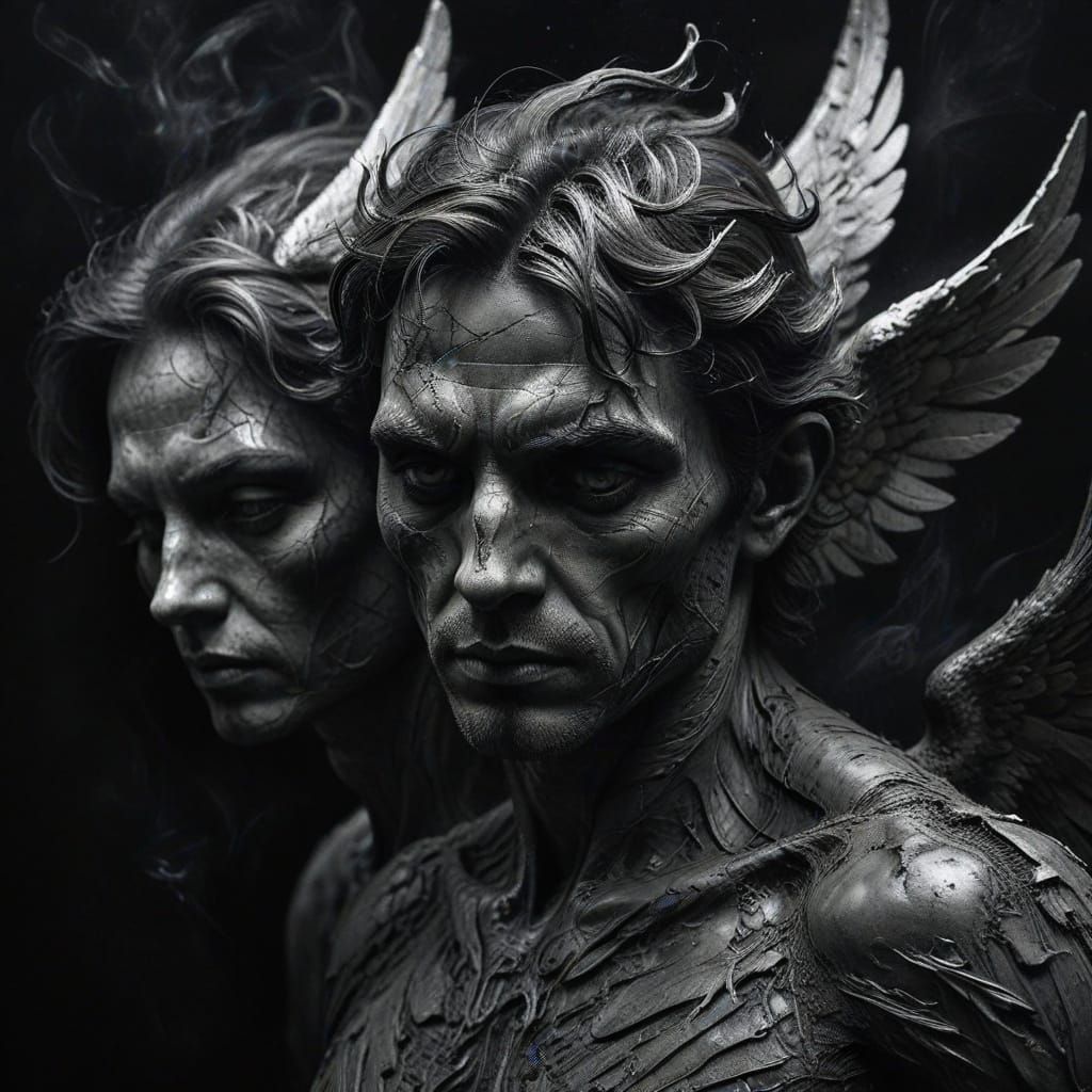 Angel, Demon, and Hybrid Beings in Charcoal Masterpiece