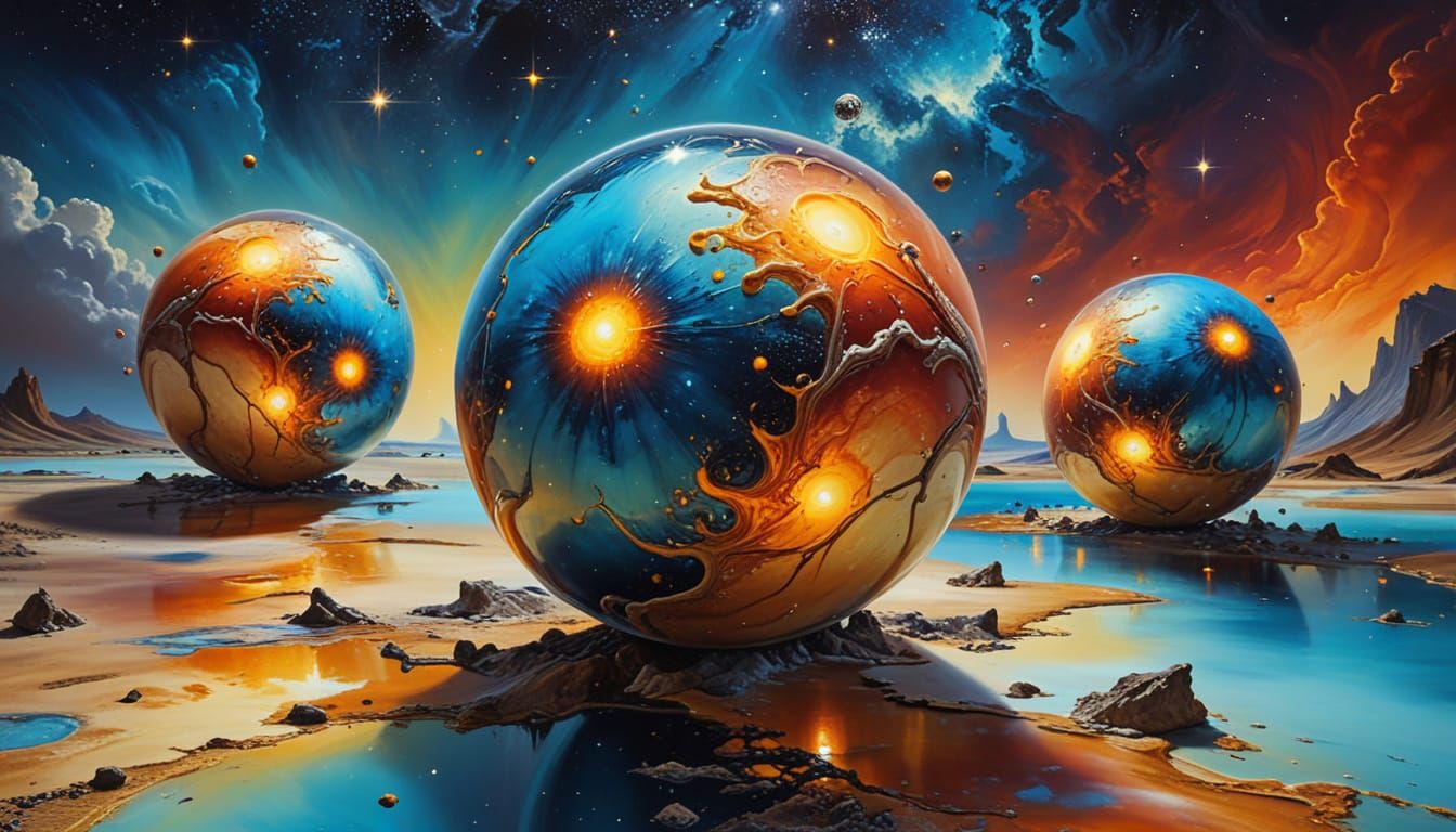 Surreal Cosmic Landscape with Planet Balloons as Oil Paintin...