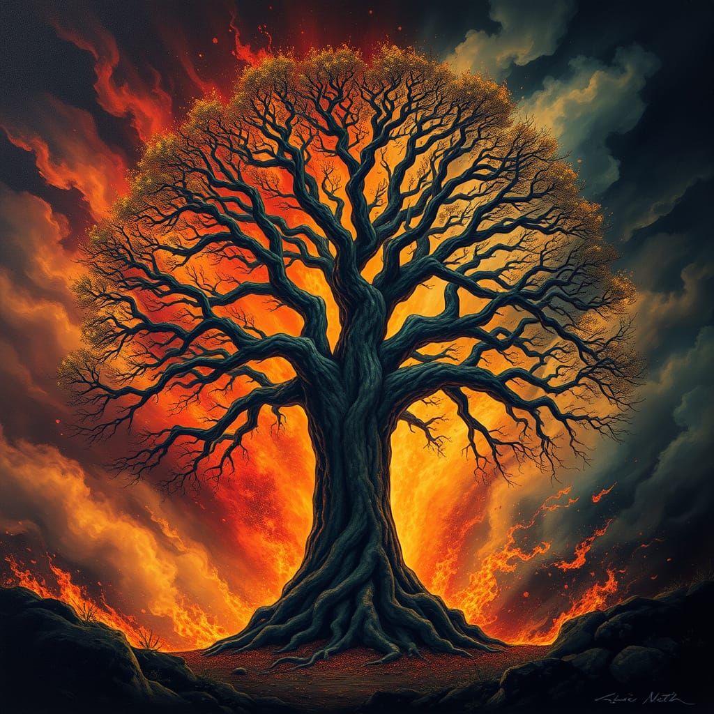 Ancient Tree vs Raging Fire: Surrealist Digital Art