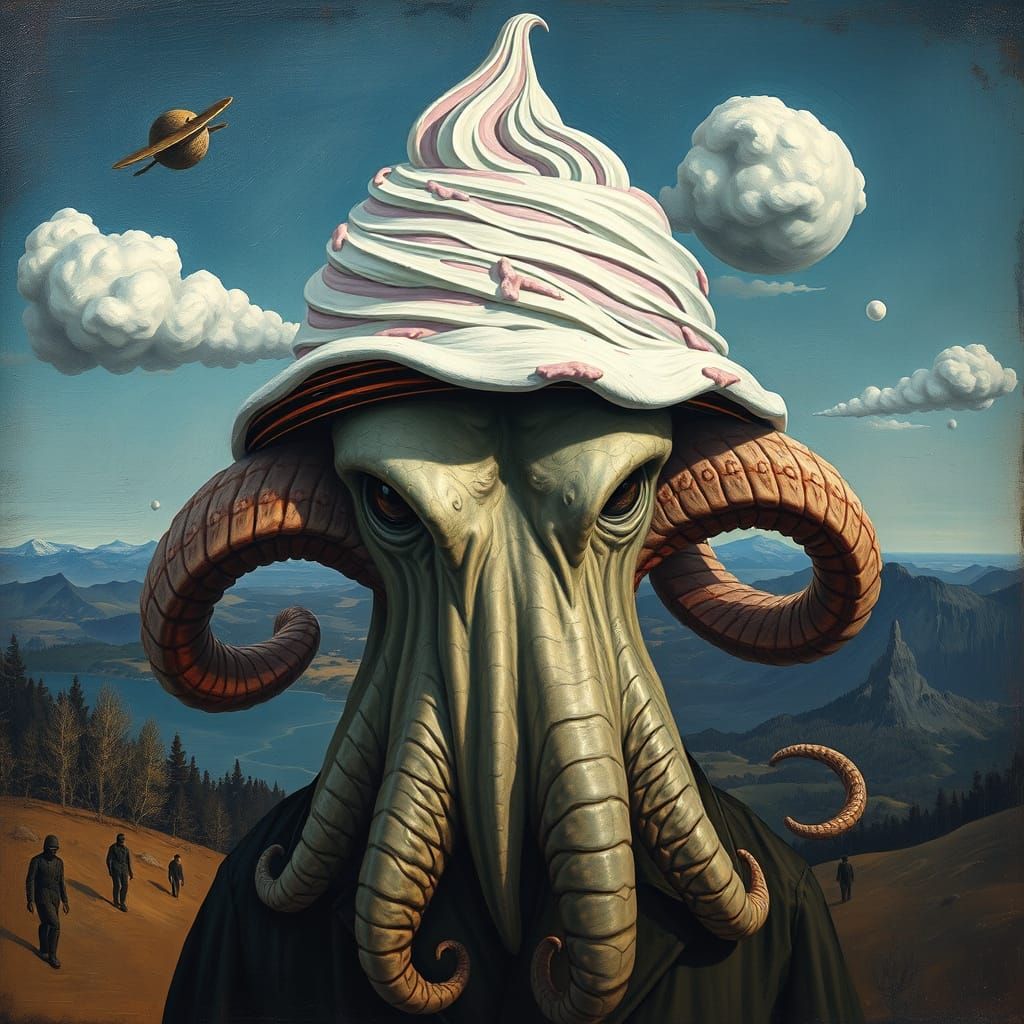 Cthulhu Wears Ice Cream Hat in Surreal Landscape Painting