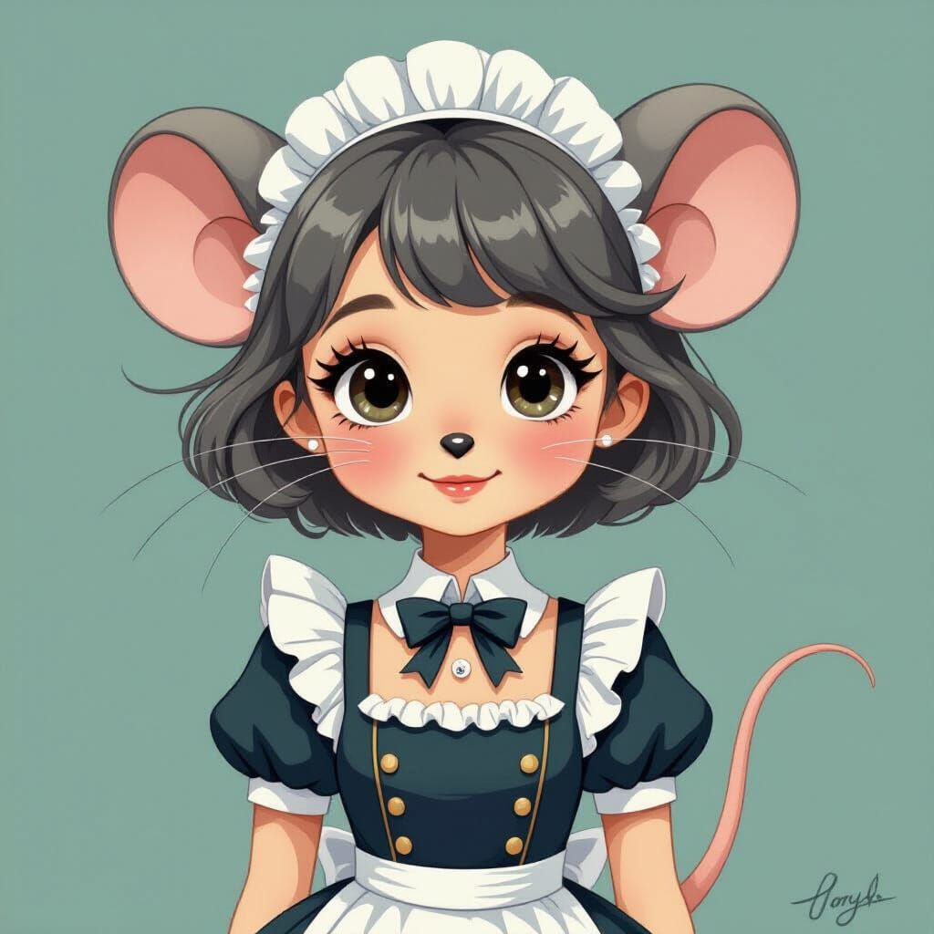 Adorable Mouse-Girl Maid in Whimsical Storybook Style