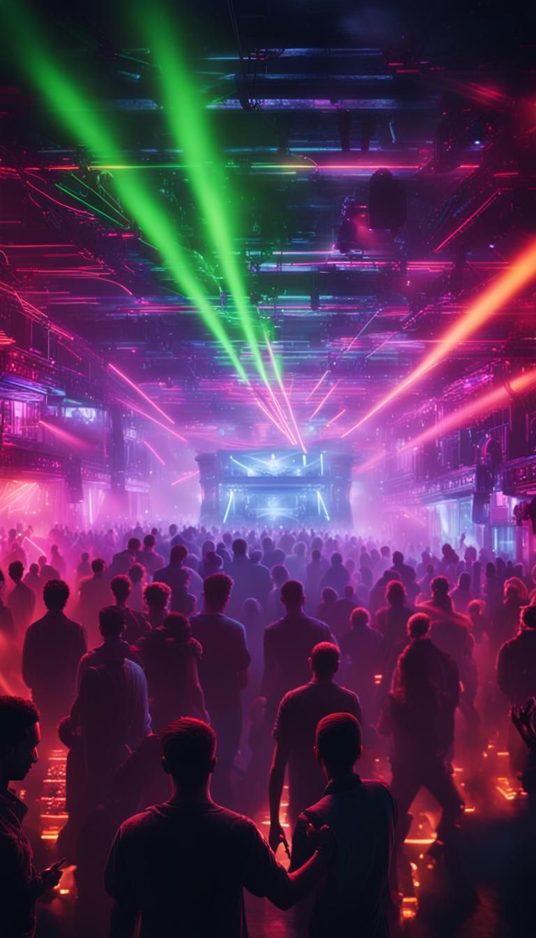 Futuristic Neon Nightclub Scene with Dancing Crowd