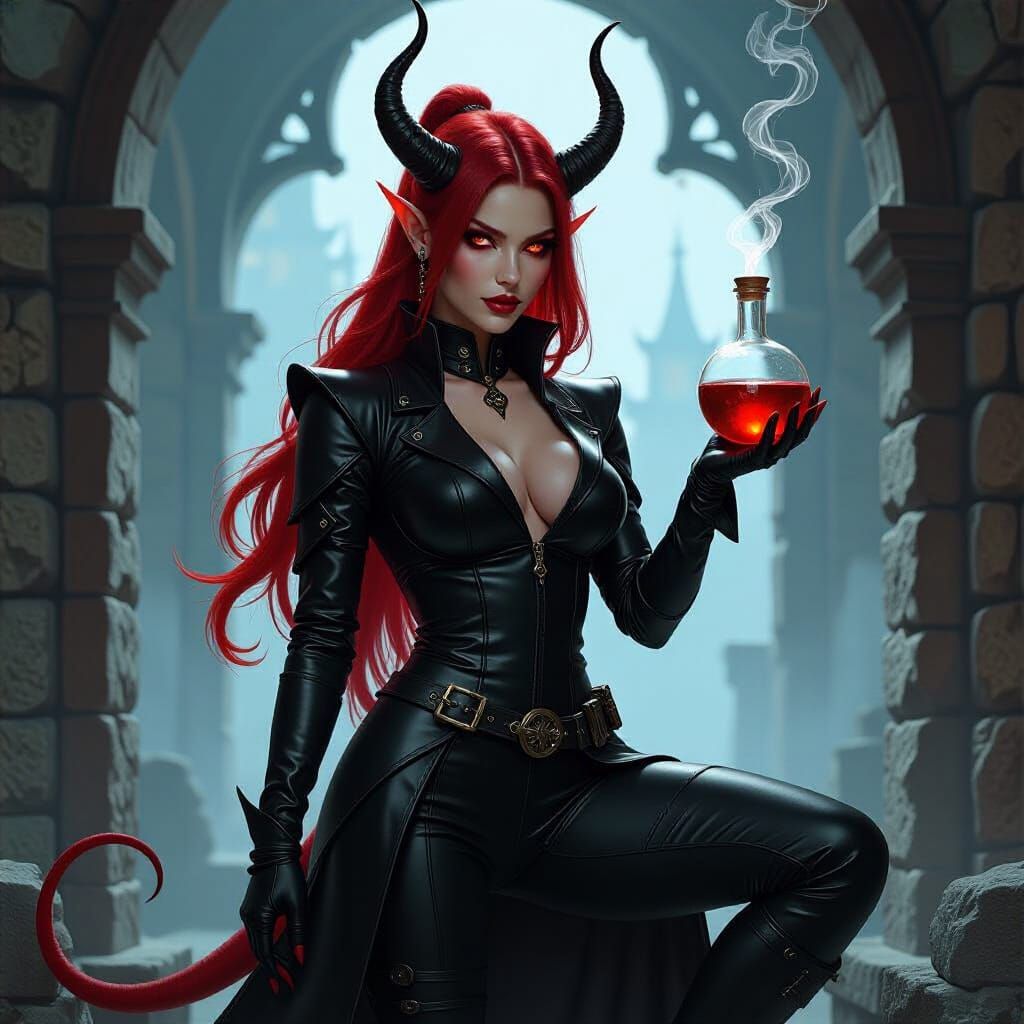 Tiefling Alchemist in Gothic Setting, Ash Thorp Aesthetic