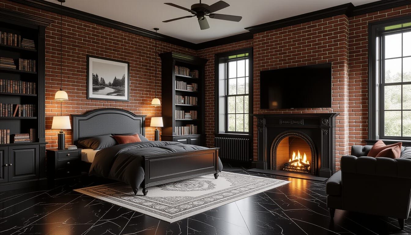 Victorian Bedroom with Exposed Brick and Fireplace