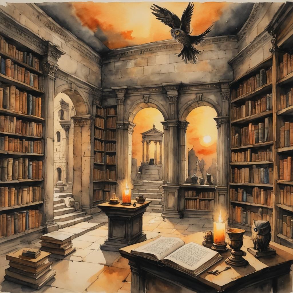 Library of Pantainos: Ink, Watercolor, and Oil Painting