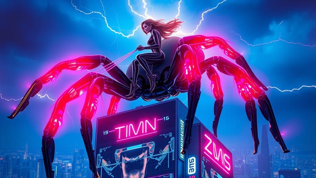 Cyberpunk Spider Ascends Futuristic Skyscraper