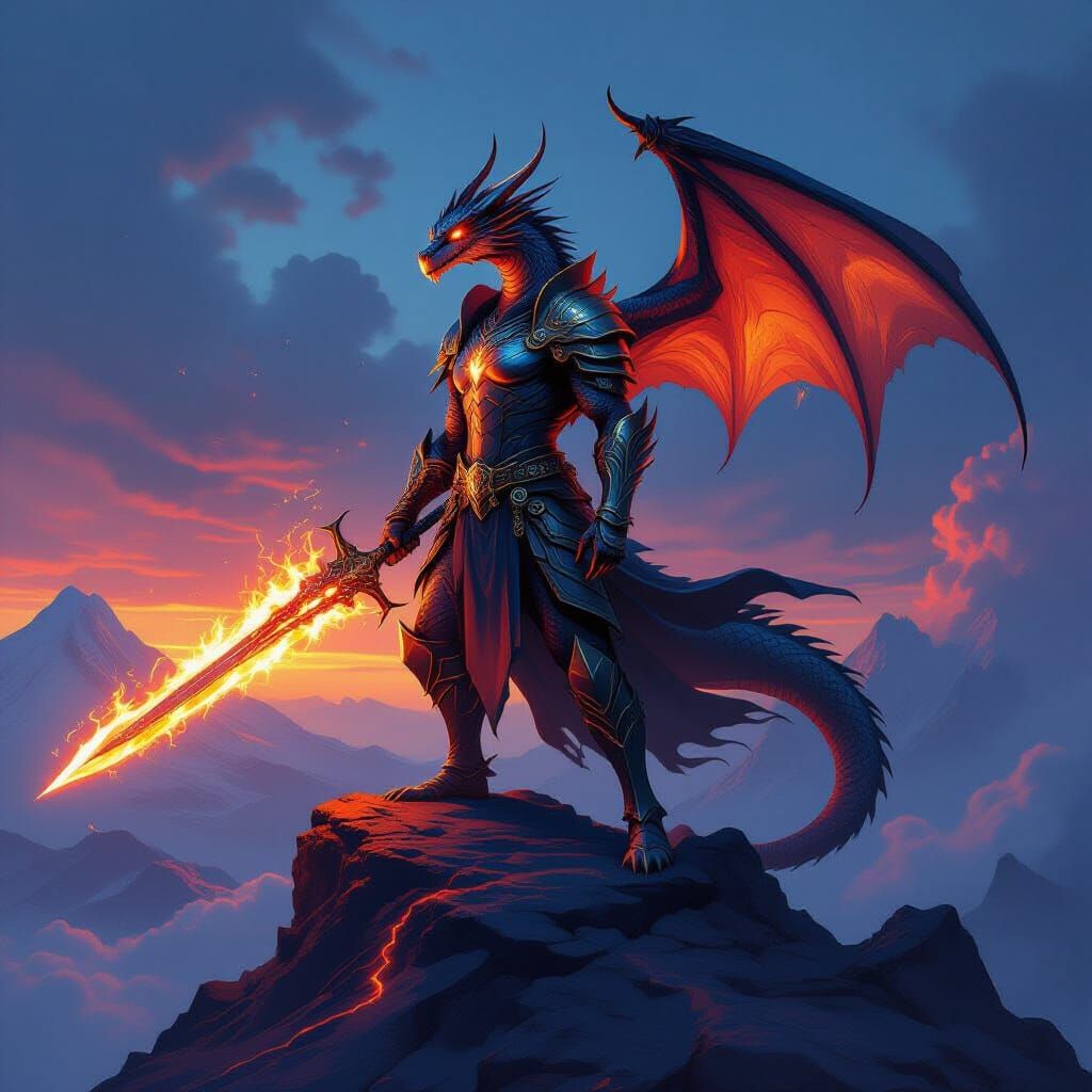 Dragon-Human Warrior with Fiery Sword on Volcano