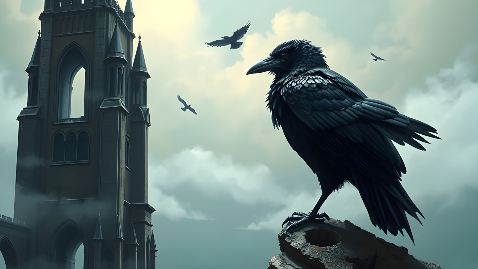 Spectral Raven on Gothic Tower in Dark Fantasy Style