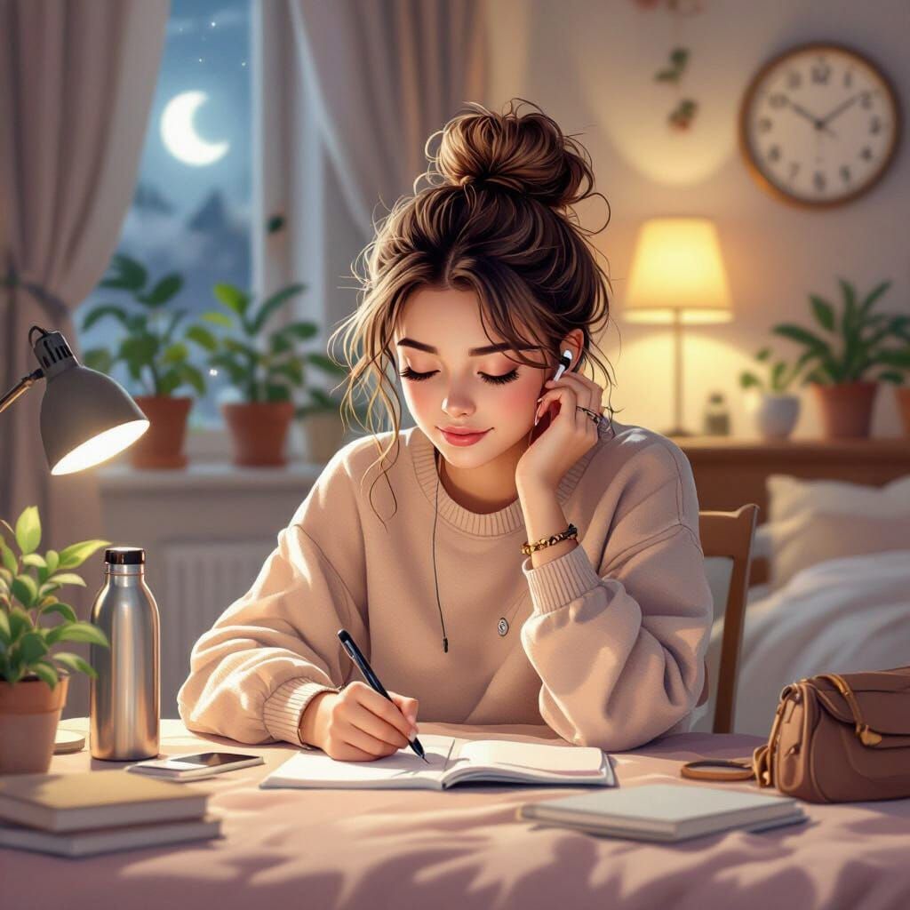 Cozy Room Scene with Girl Writing