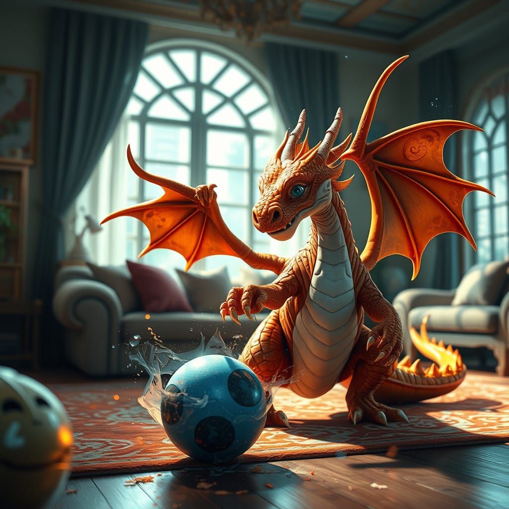 Dragon Plays with Ball in Cozy Living Room Scene
