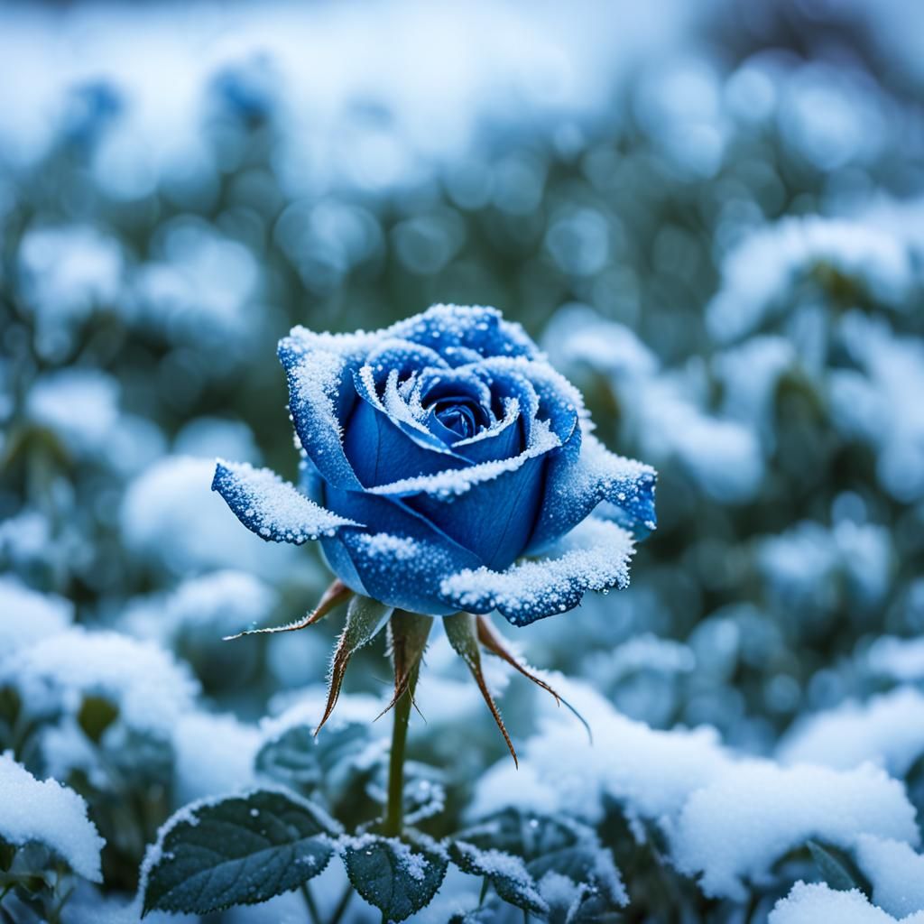 Iced Blue Rose in Snowy Lawn: Photography