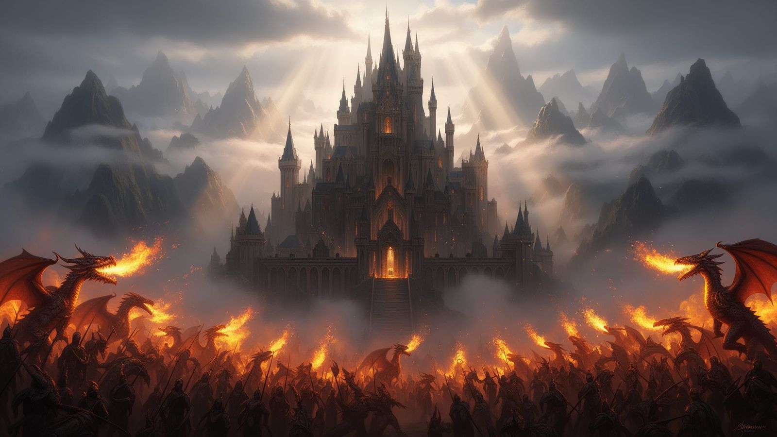 Massive Castle Protected by Fire-Breathing Dragons in Mist