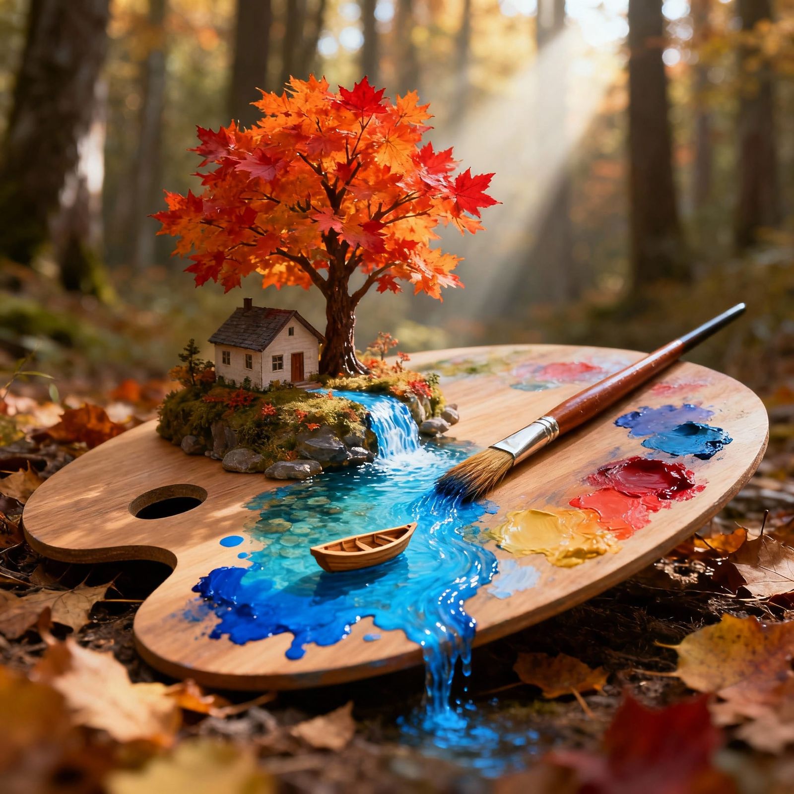 Miniature Autumn Landscape on Artist Palette