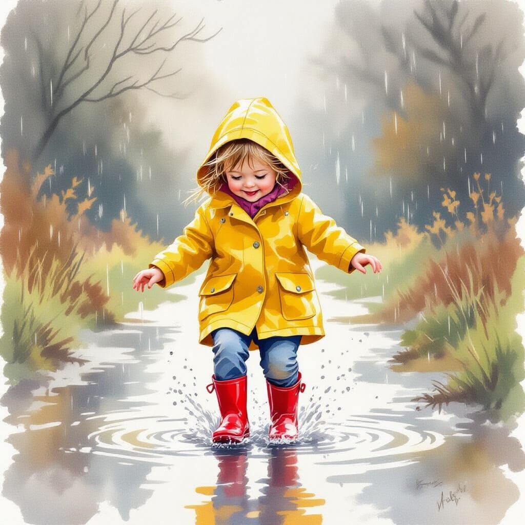 Child in Yellow Raincoat Jumps in Puddles