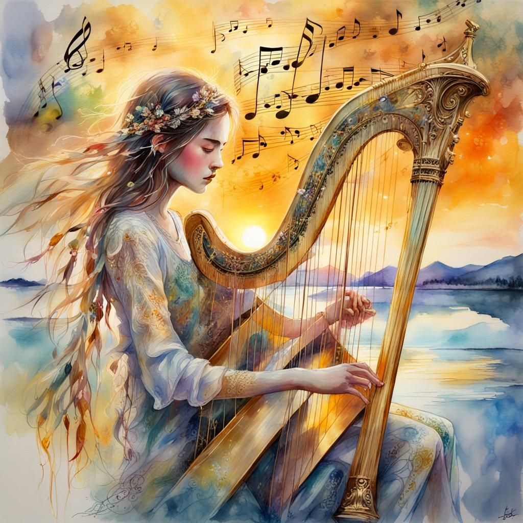 Mystical Harp Player at Sunset in Watercolor Style