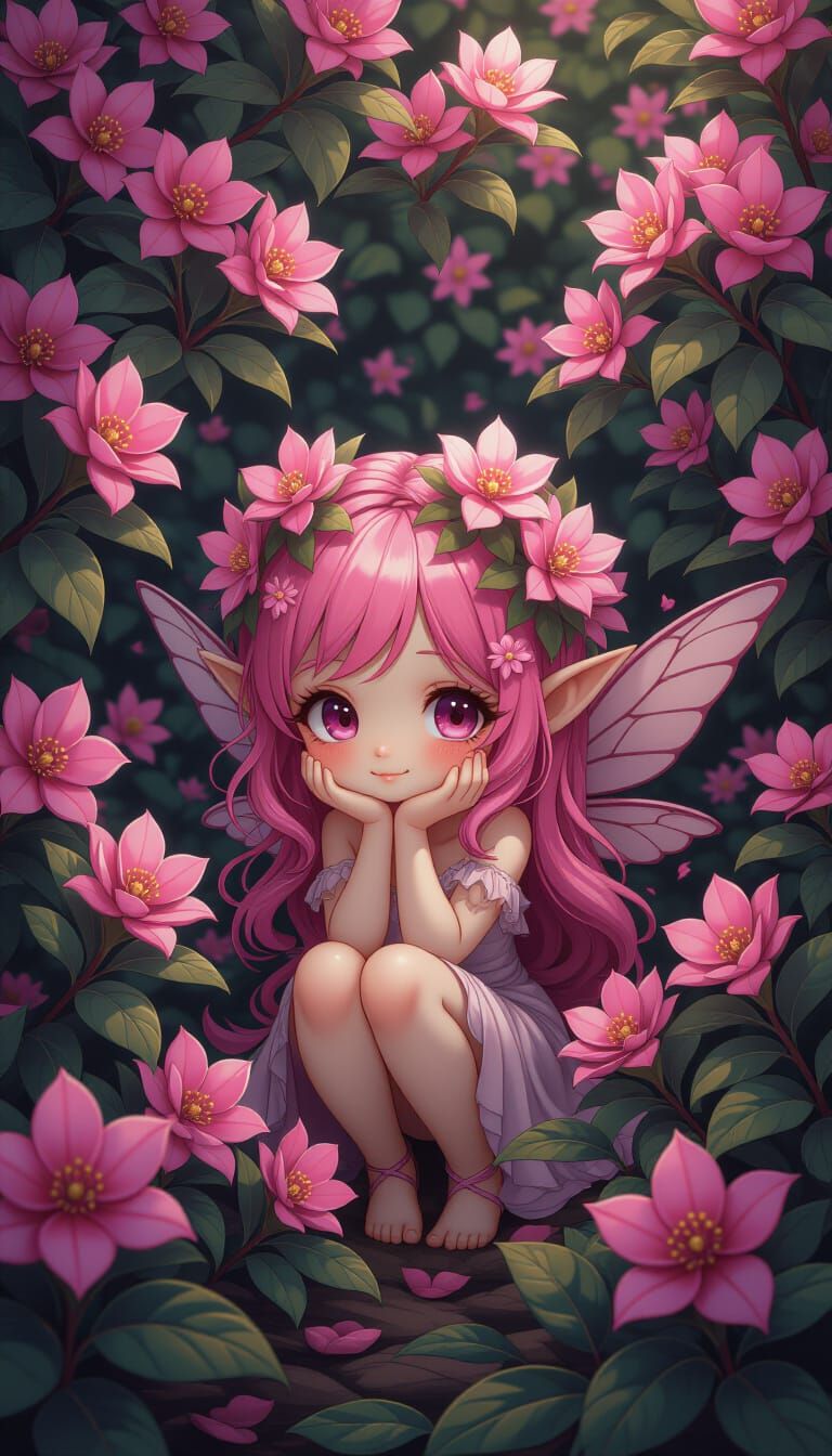 Chibi Pink Forest Fairy in Flowers