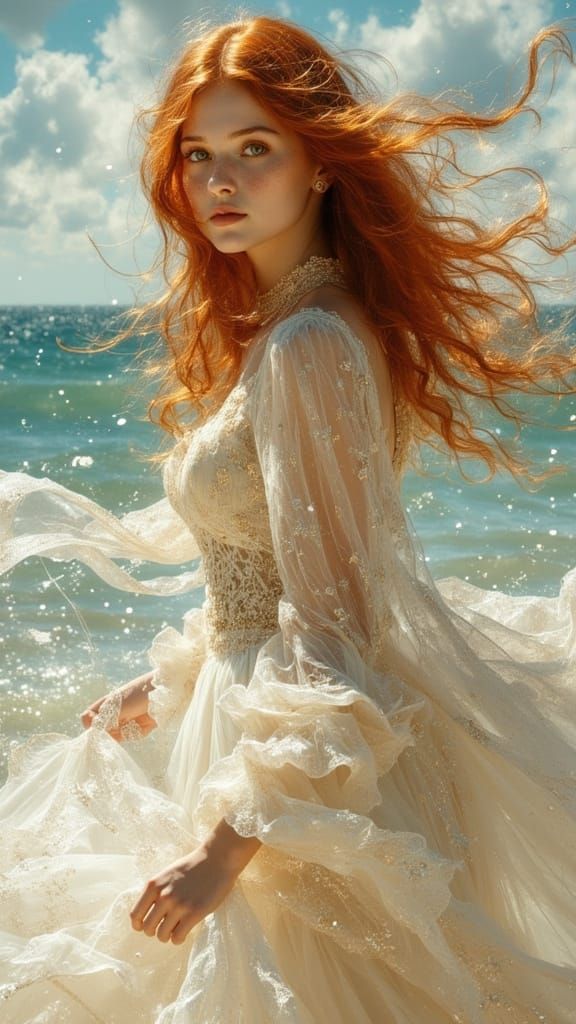 Pre Raphaelite Beauty in Ethereal Gown with Long Red Hair an...