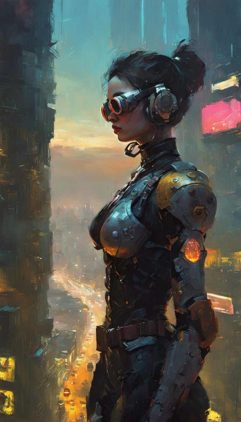 Gothic Cyberpunk Woman in a Dark Megapolis