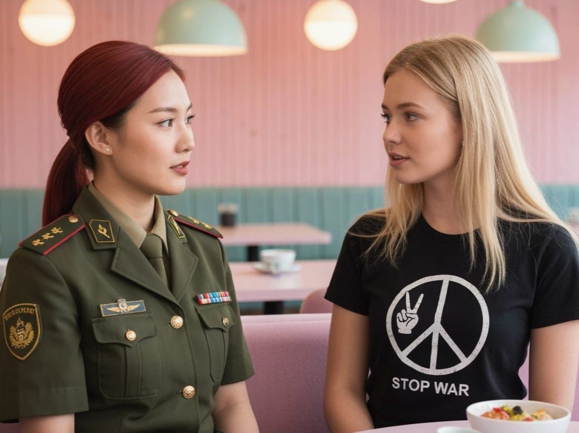 Military Woman and Friend in Restaurant, Fine Art Photo
