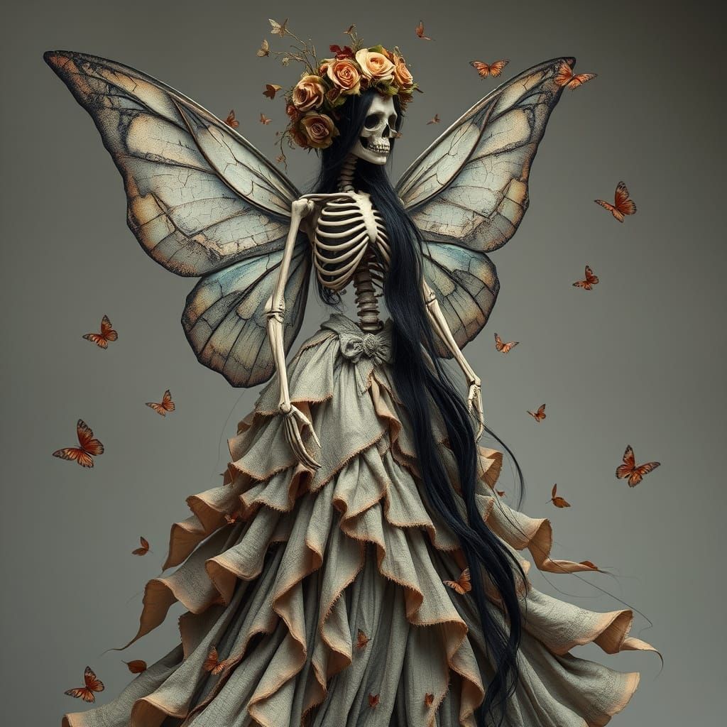 Ethereal Skeletal Fairy in Gothic Dress with Butterfly Wings