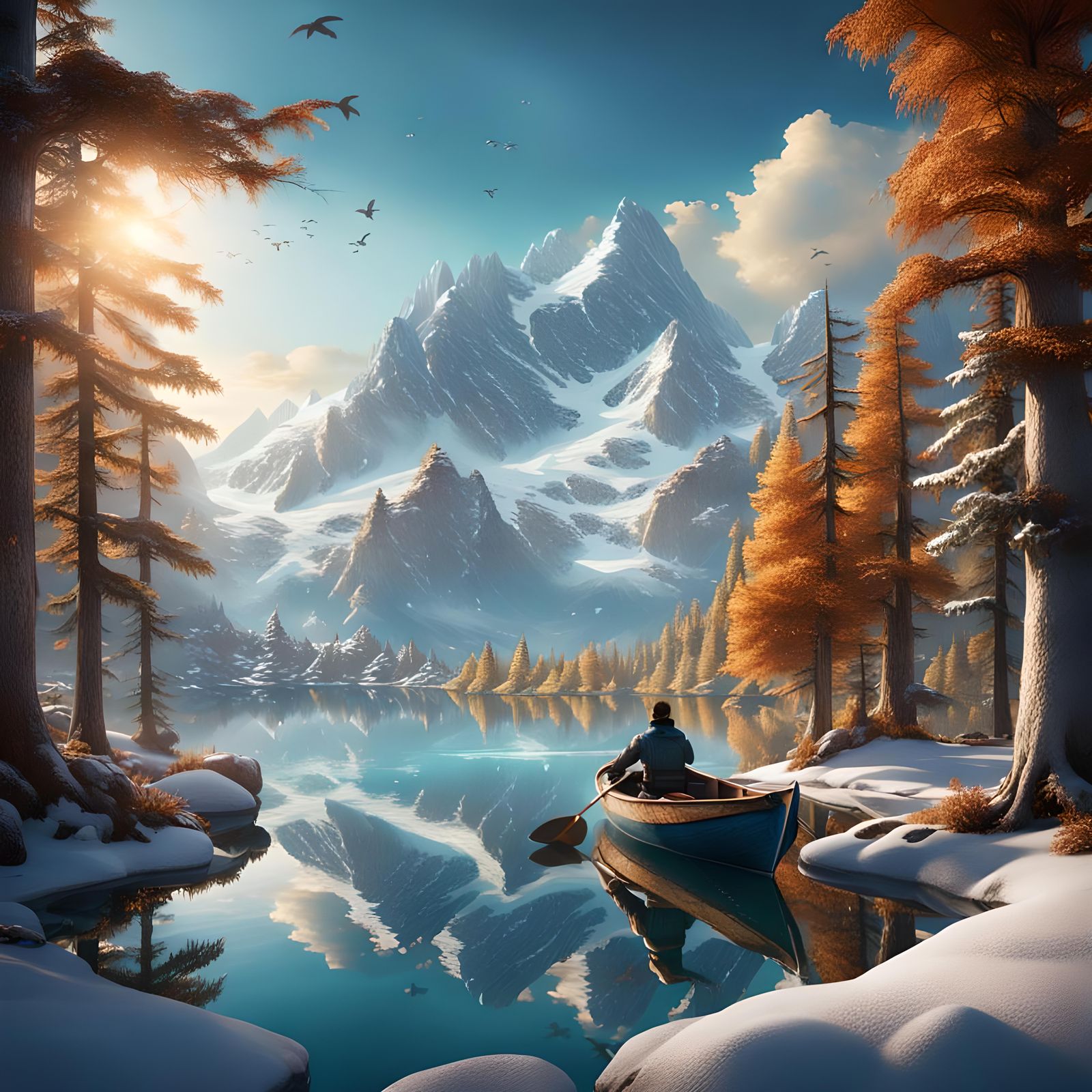 Snowy Mountain Lake Reflecting Trees, Fantasy Concept Art