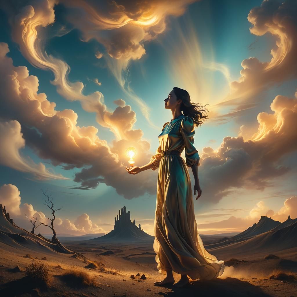 Woman with Light in Surreal Landscape