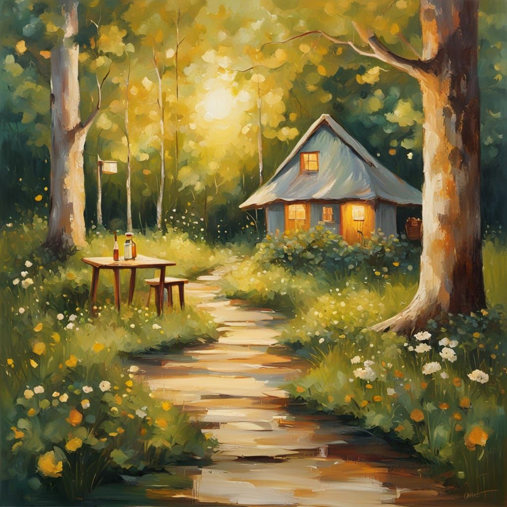 Whimsical Beer Garden in Woods: Oil Painting