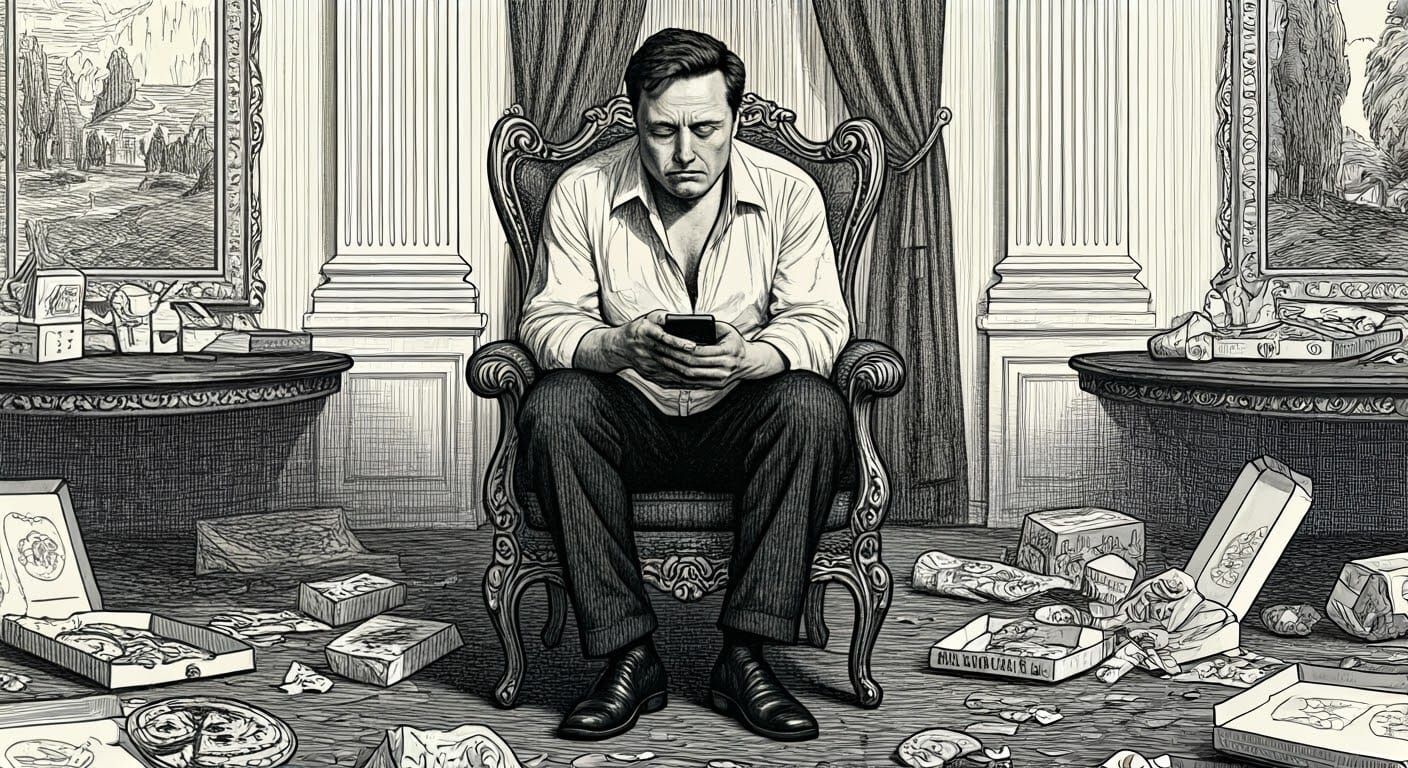 Melancholy Man in Lavish Room, Etching Style