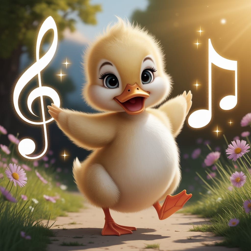 Joyful Duckling Dances in Sunny Meadow