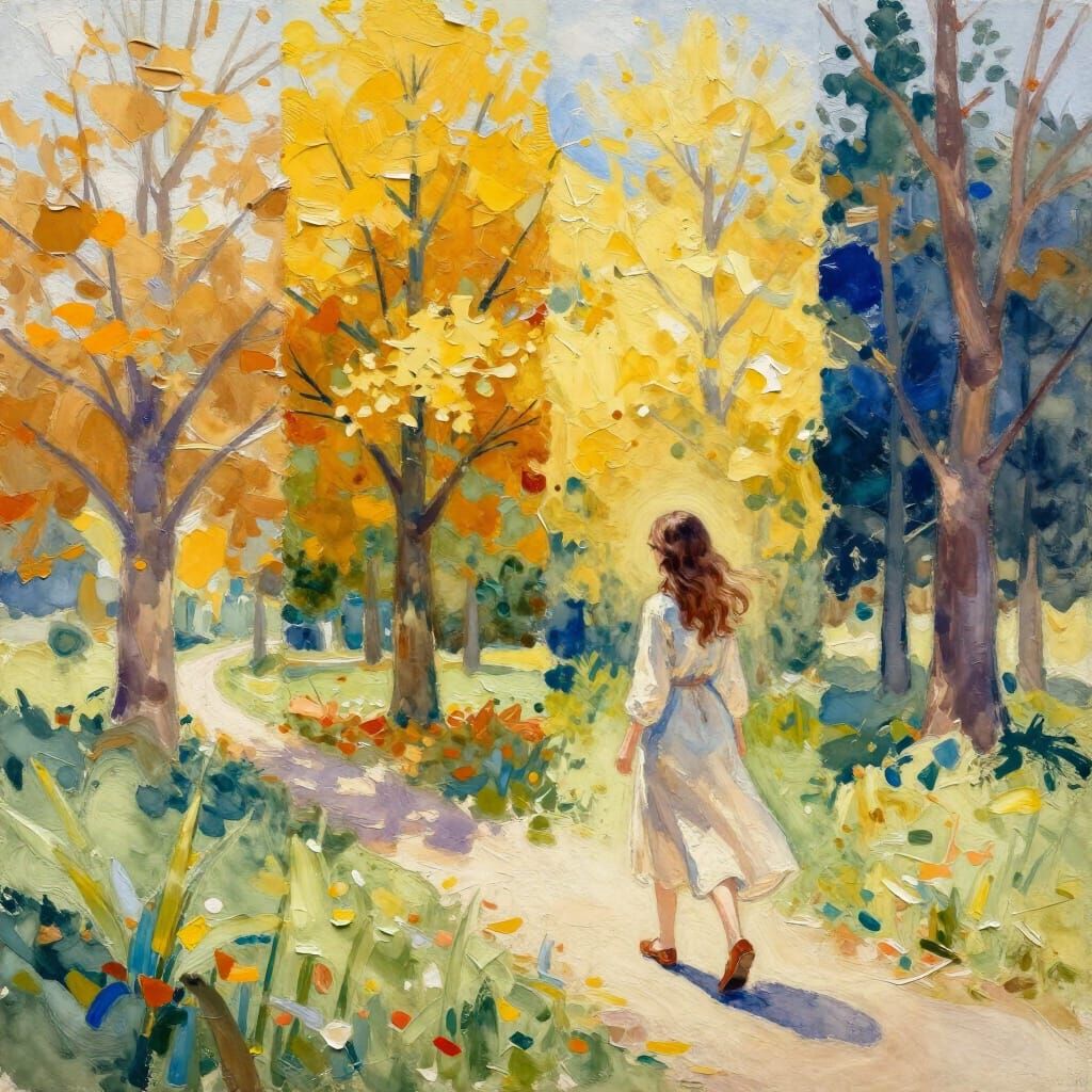 Woman Walking Through Four Seasons Watercolor Masterpiece