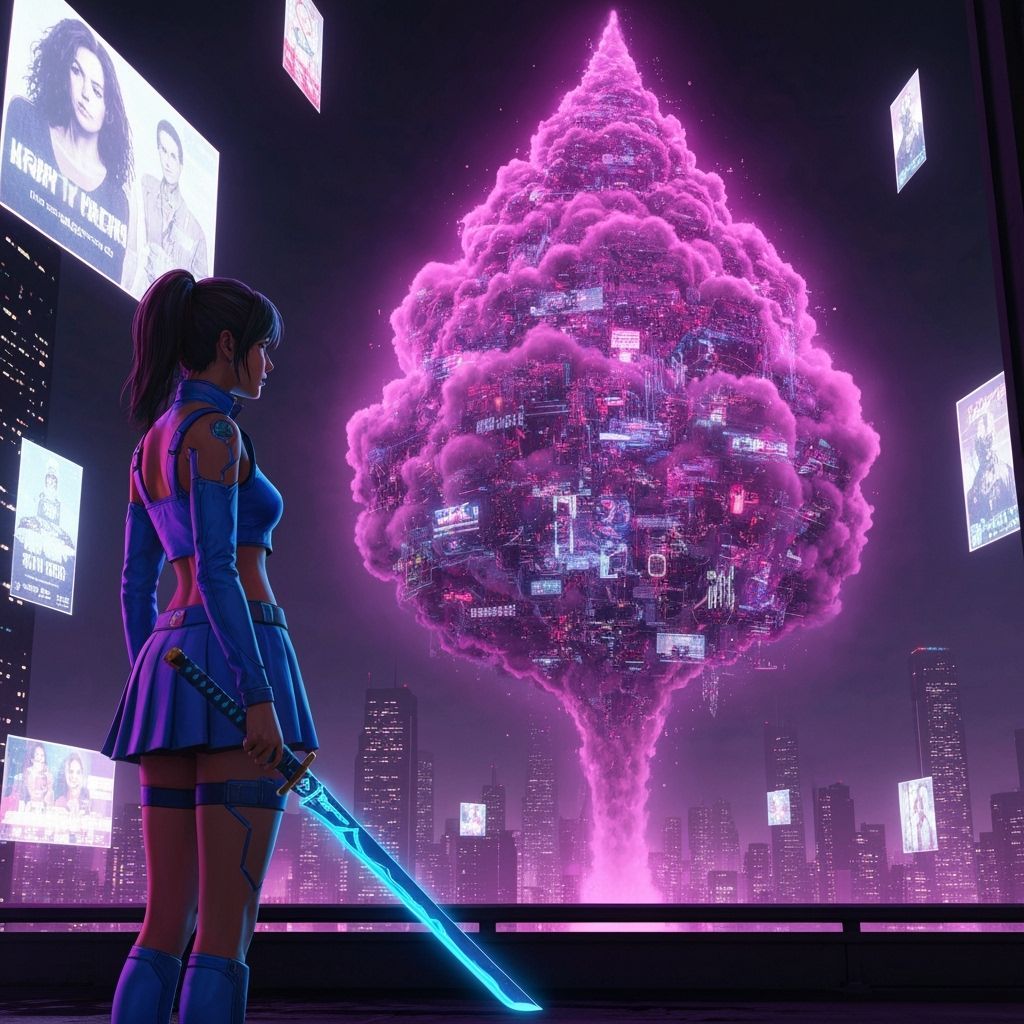 Cyberpunk Woman Gazes into Dynamic Event Cloud