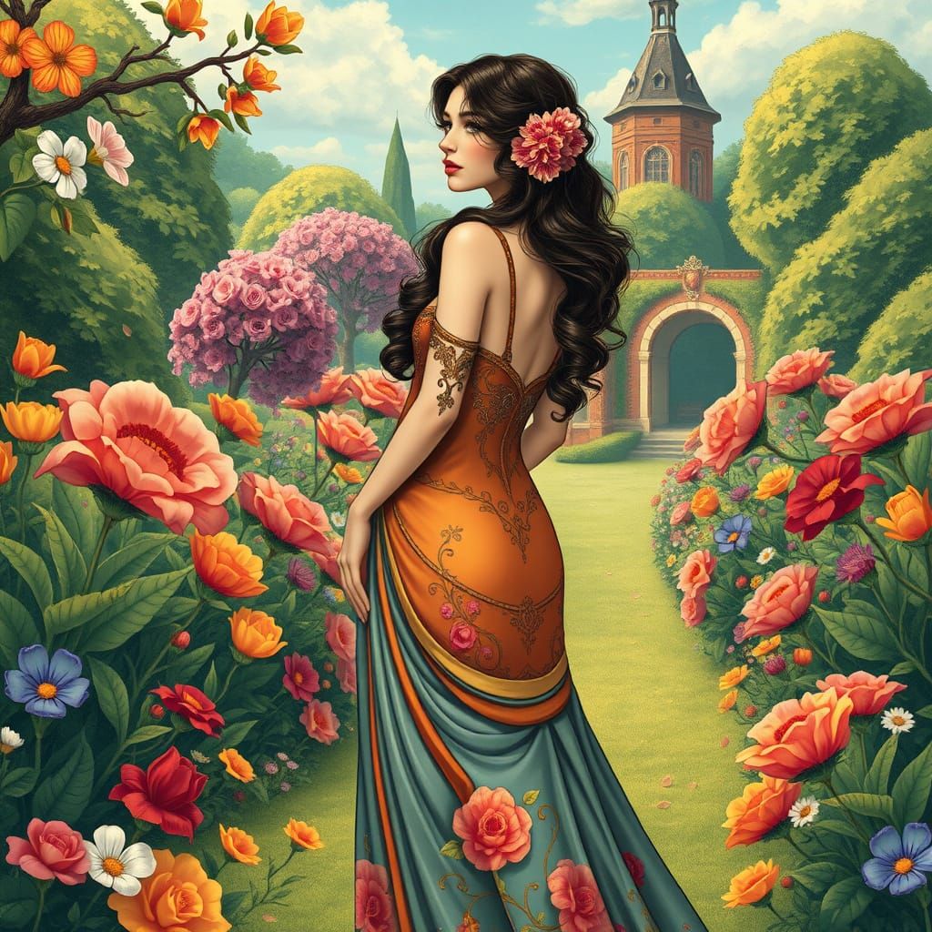 Elegant Woman in Garden, Art Nouveau Style